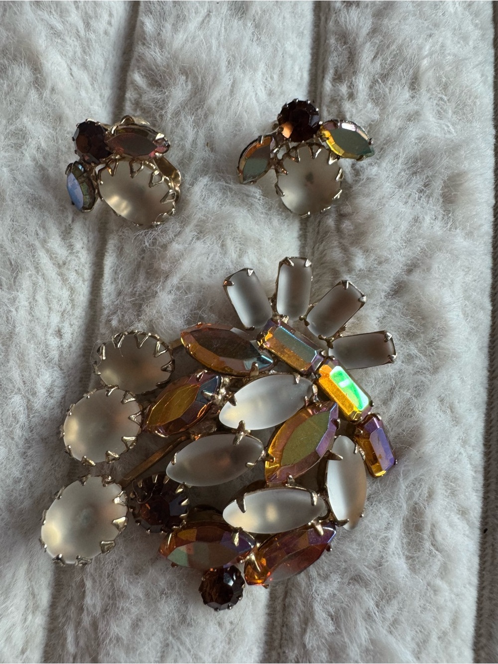 Vintage Continental Frosted Glass AB Rhinestone Brooch Clip On Earrings Set